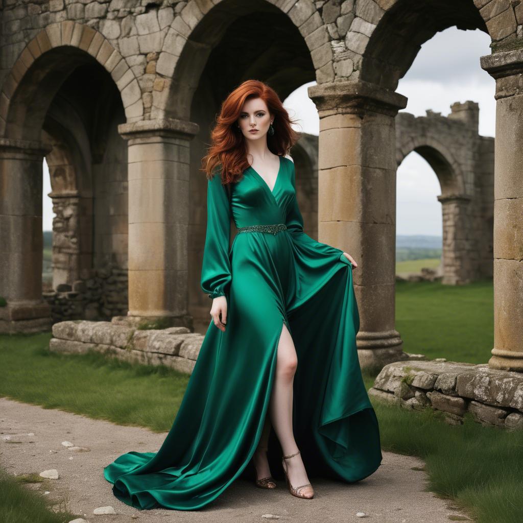 A stunning image of irish muse with auburn hair wearing an emerald satin gown against ancient castle ruins.