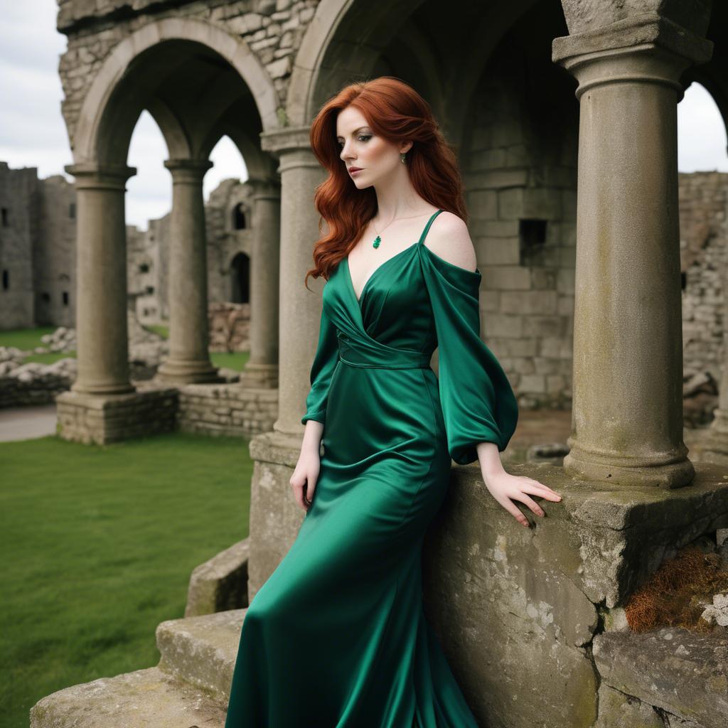 A stunning image of irish muse with auburn hair wearing an emerald satin gown against ancient castle ruins.