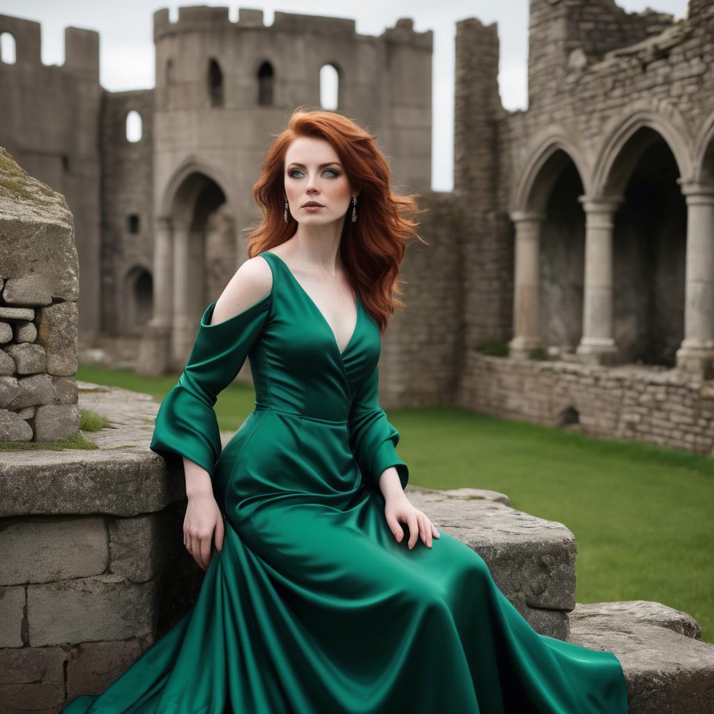A stunning image of irish muse with auburn hair wearing an emerald satin gown against ancient castle ruins.