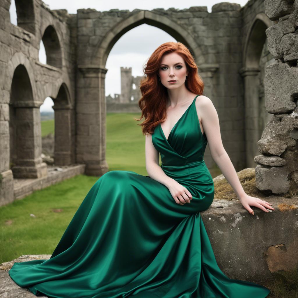 A stunning image of irish muse with auburn hair wearing an emerald satin gown against ancient castle ruins.