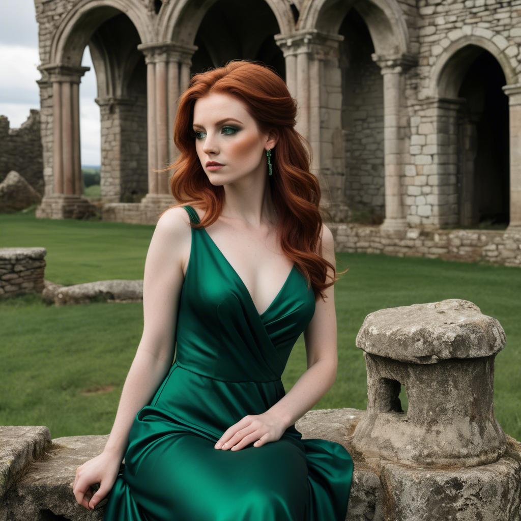 A stunning image of irish muse with auburn hair wearing an emerald satin gown against ancient castle ruins.