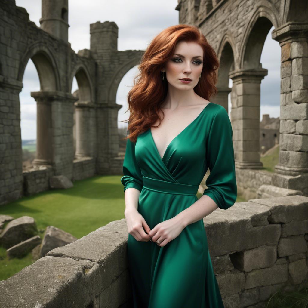 A stunning image of irish muse with auburn hair wearing an emerald satin gown against ancient castle ruins.
