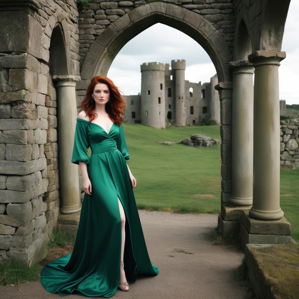 A stunning image of irish muse with auburn hair wearing an emerald satin gown against ancient castle ruins.