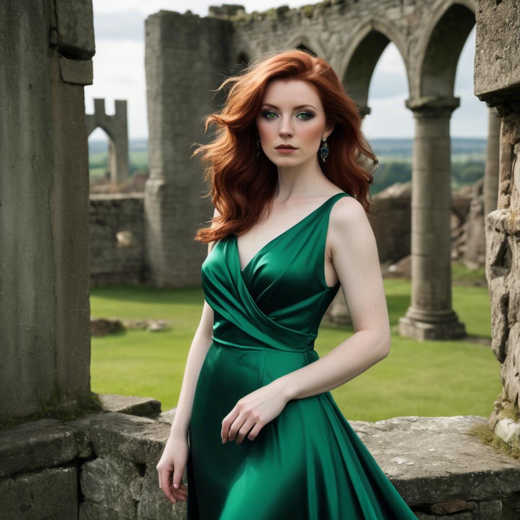 A stunning image of irish muse with auburn hair wearing an emerald satin gown against ancient castle ruins.