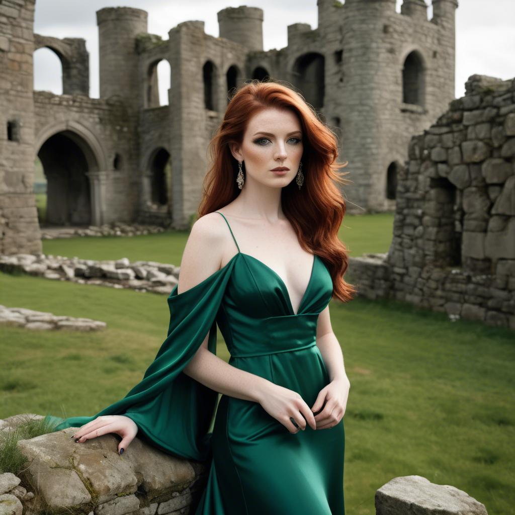 A stunning image of irish muse with auburn hair wearing an emerald satin gown against ancient castle ruins.