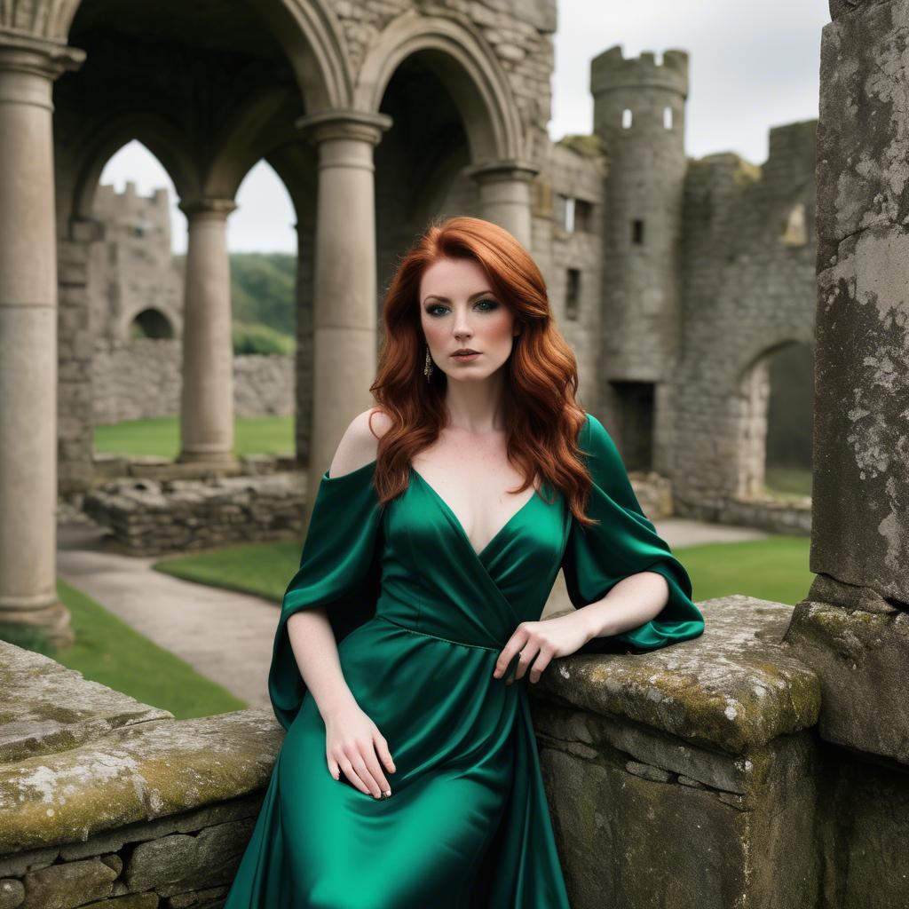 A stunning image of irish muse with auburn hair wearing an emerald satin gown against ancient castle ruins.