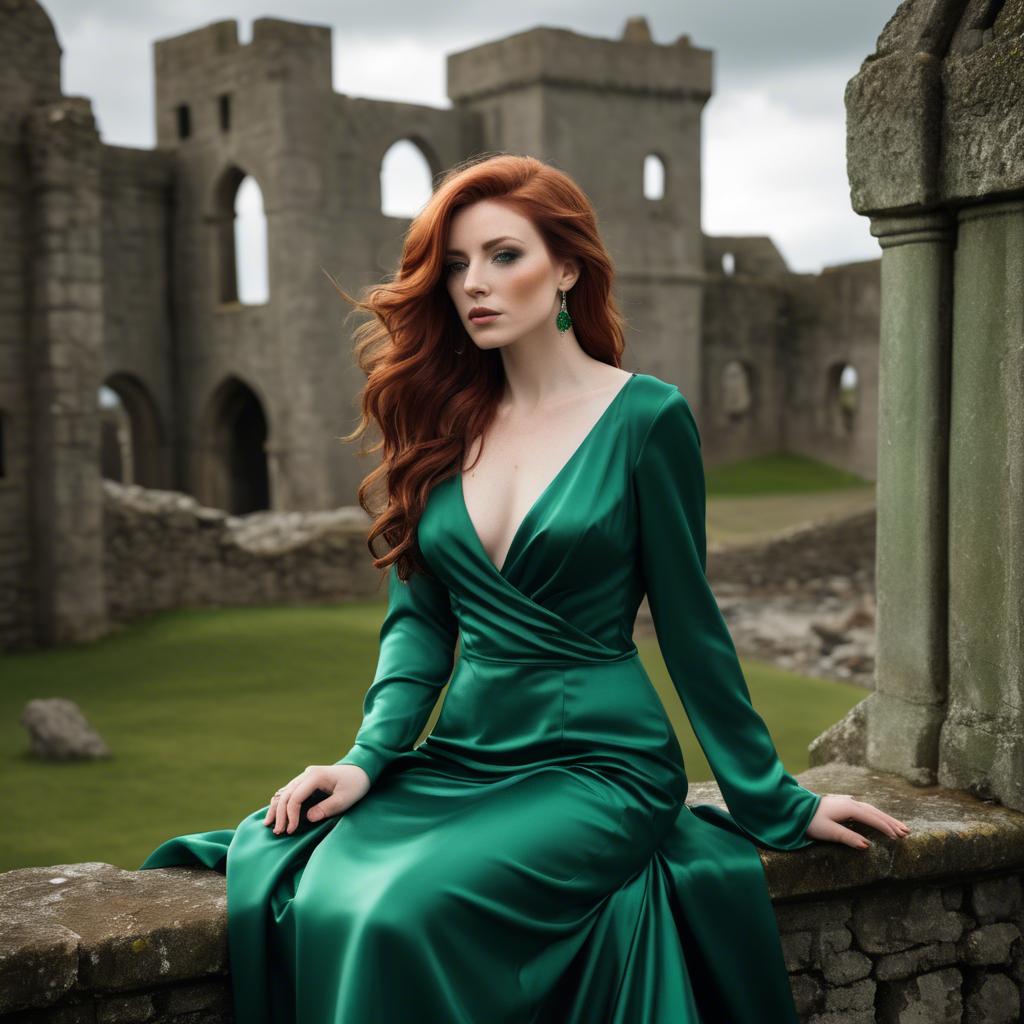 A stunning image of irish muse with auburn hair wearing an emerald satin gown against ancient castle ruins.