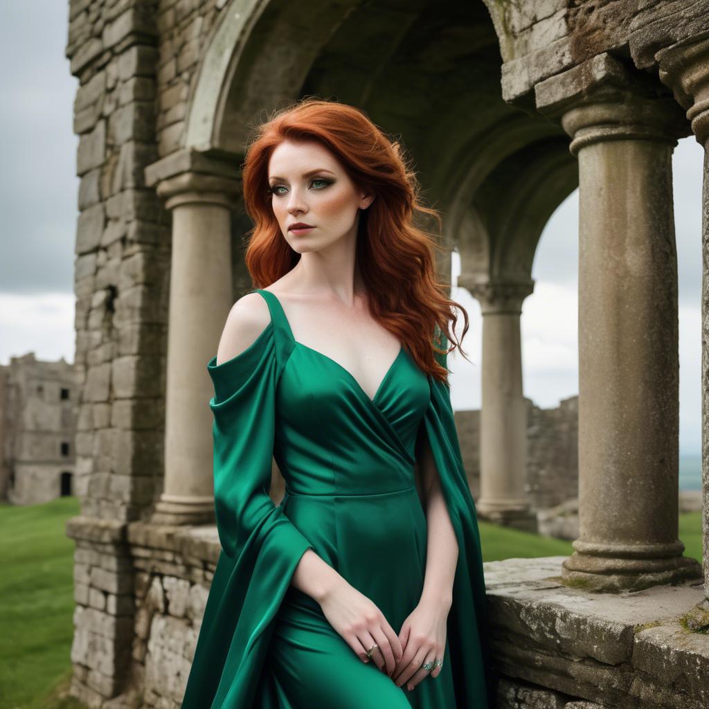A stunning image of irish muse with auburn hair wearing an emerald satin gown against ancient castle ruins.