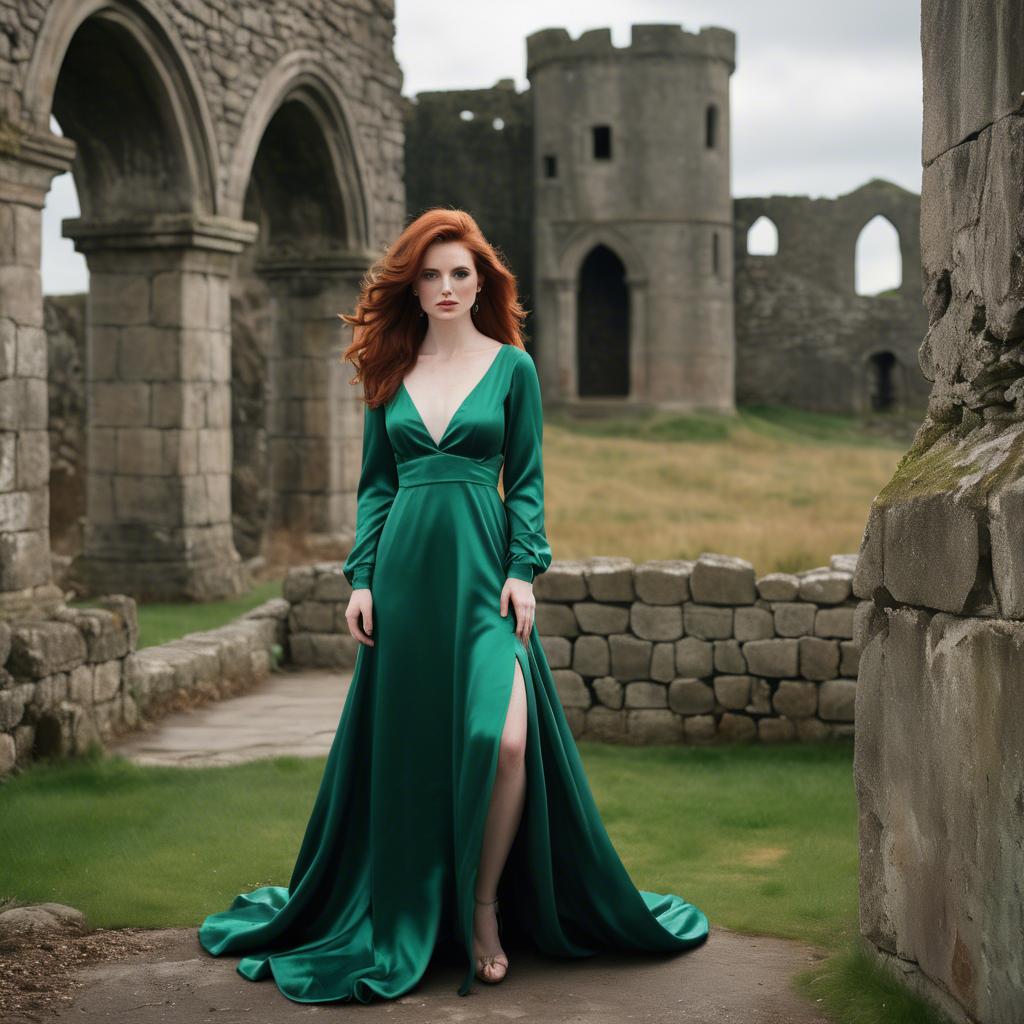 A stunning image of irish muse with auburn hair wearing an emerald satin gown against ancient castle ruins.