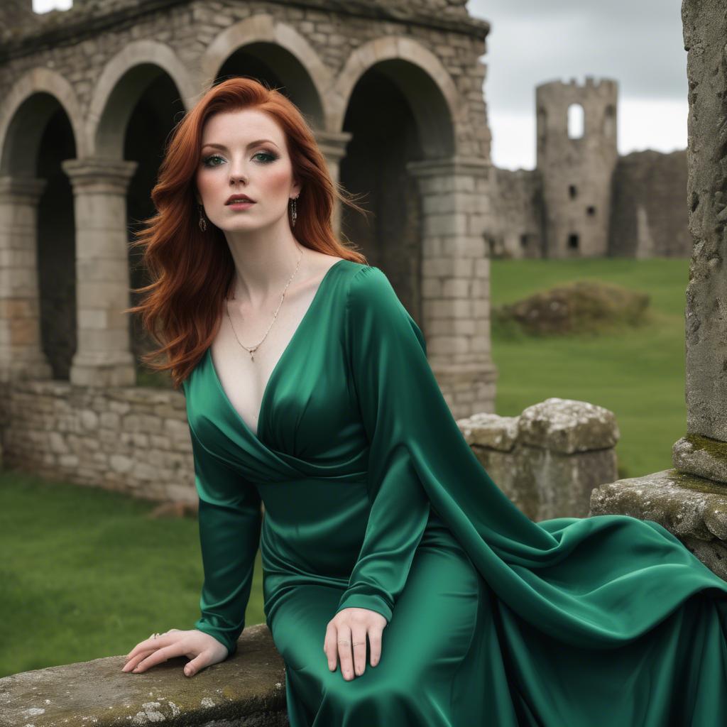 A stunning image of irish muse with auburn hair wearing an emerald satin gown against ancient castle ruins.
