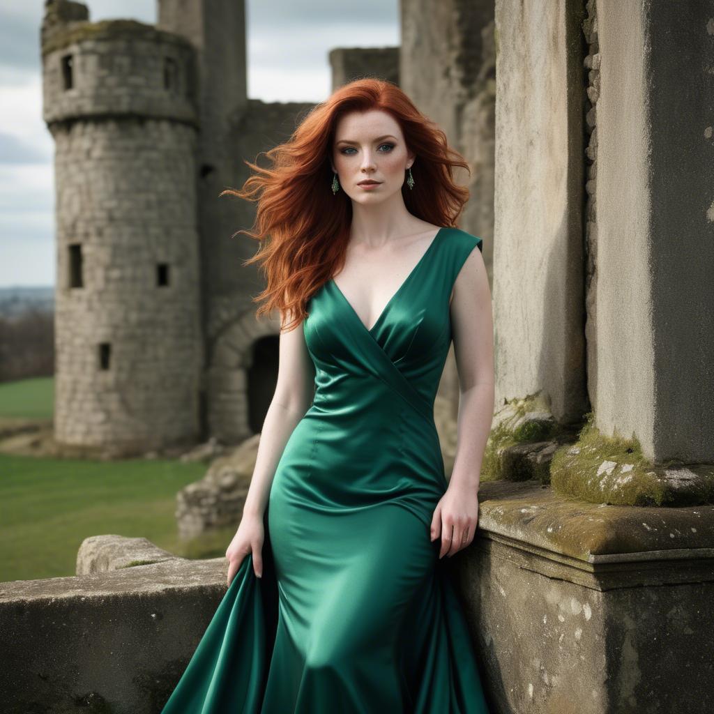 A stunning image of irish muse with auburn hair wearing an emerald satin gown against ancient castle ruins.