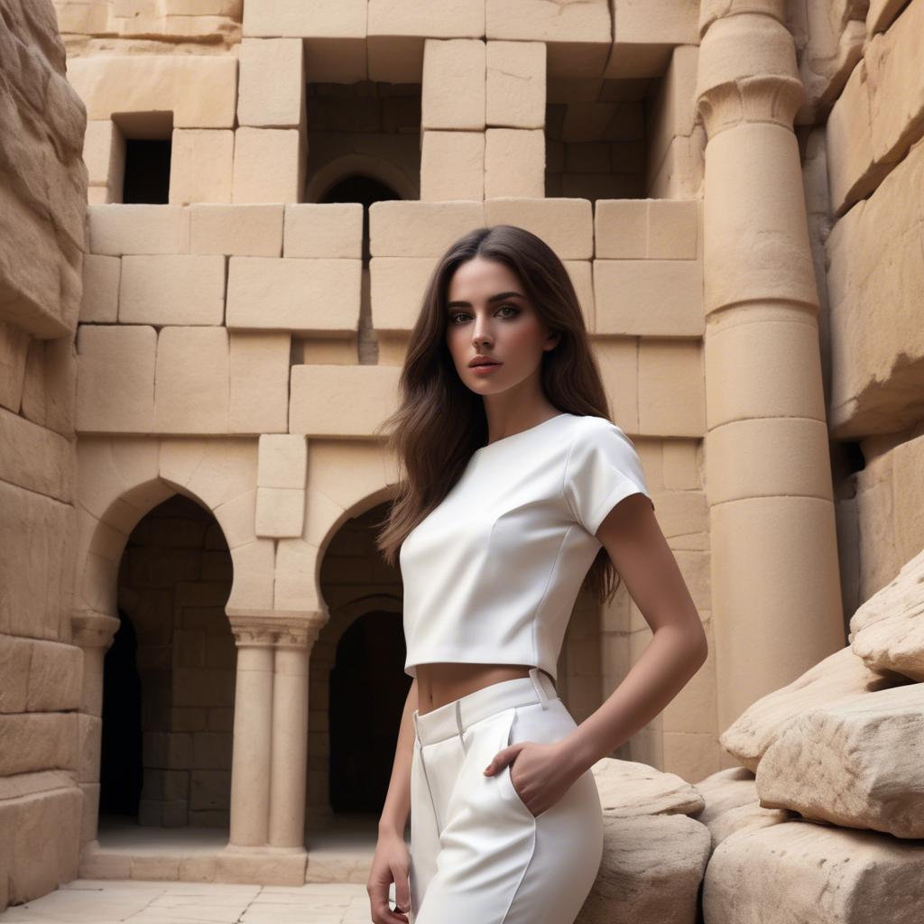 A stunning image of israeli beauty wearing a structured white ensemble set against ancient sandstone backdrops.