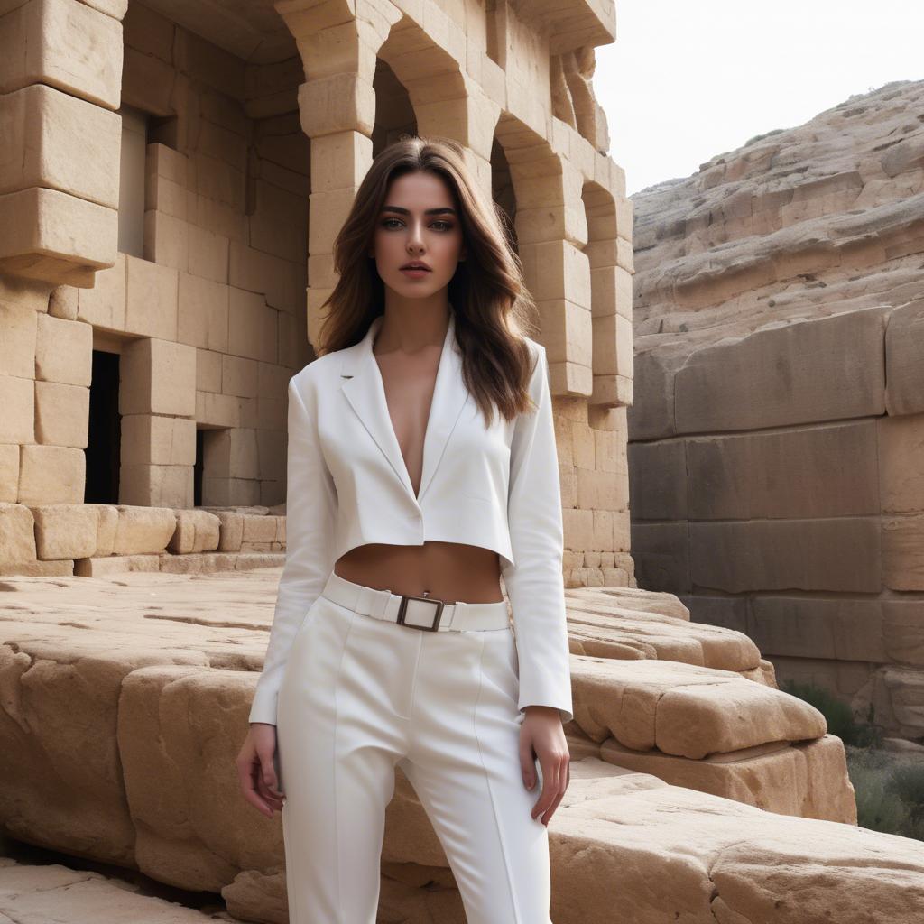 A stunning image of israeli beauty wearing a structured white ensemble set against ancient sandstone backdrops.