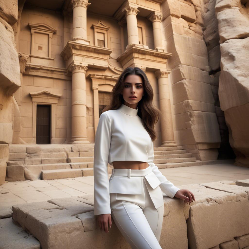 A stunning image of israeli beauty wearing a structured white ensemble set against ancient sandstone backdrops.