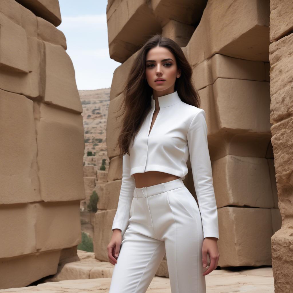 A stunning image of israeli beauty wearing a structured white ensemble set against ancient sandstone backdrops.
