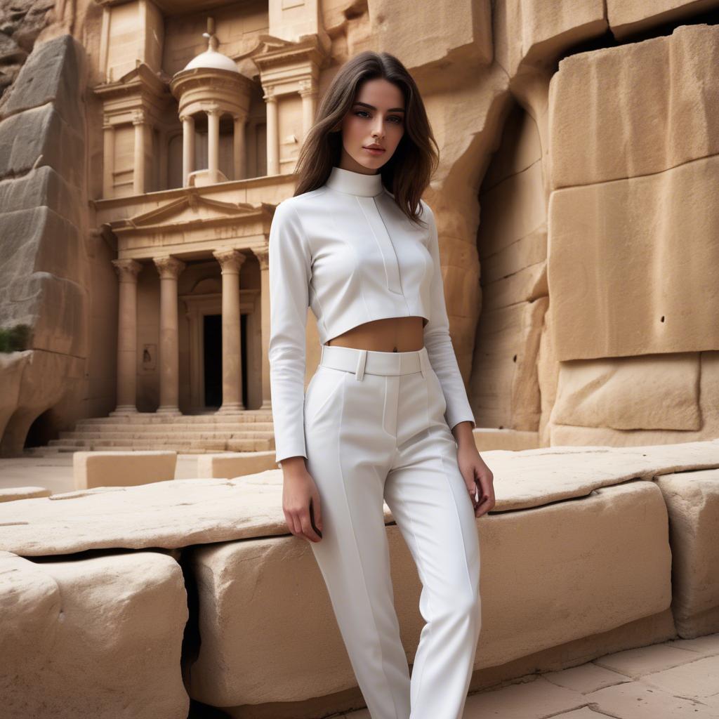 A stunning image of israeli beauty wearing a structured white ensemble set against ancient sandstone backdrops.
