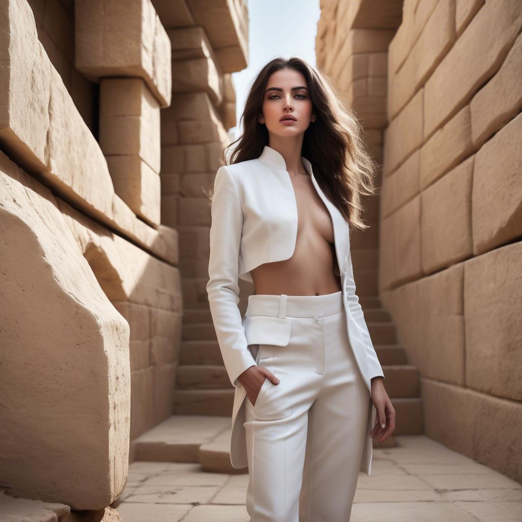 A stunning image of israeli beauty wearing a structured white ensemble set against ancient sandstone backdrops.
