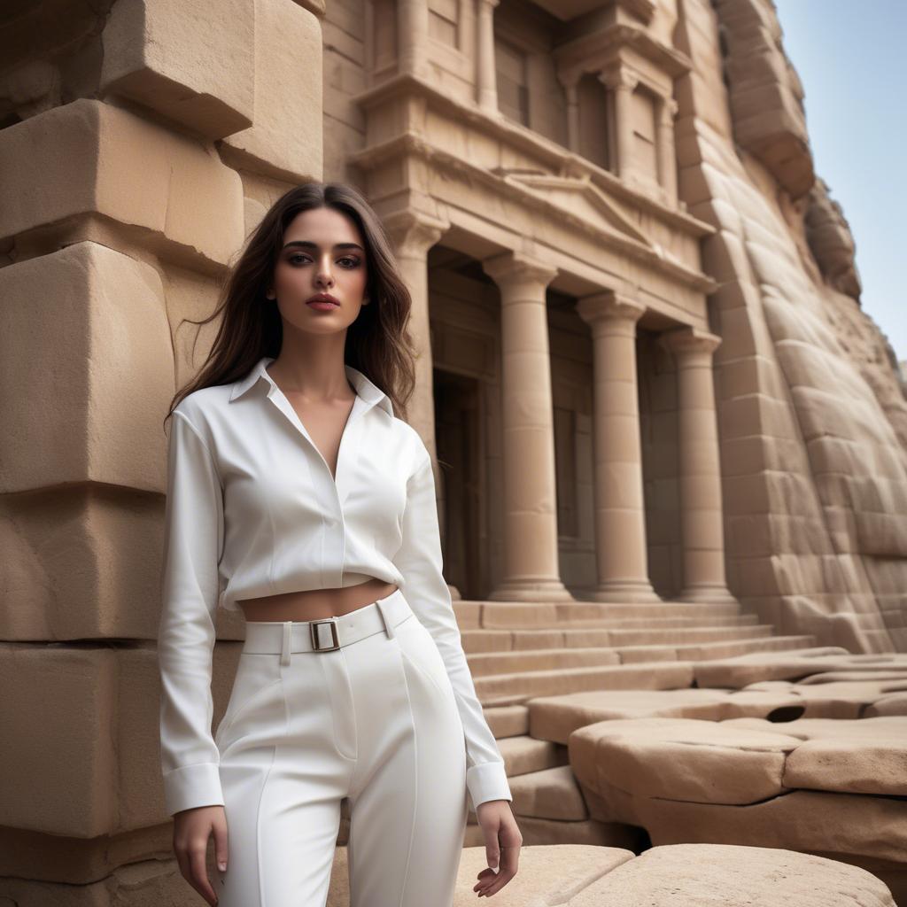 A stunning image of israeli beauty wearing a structured white ensemble set against ancient sandstone backdrops.