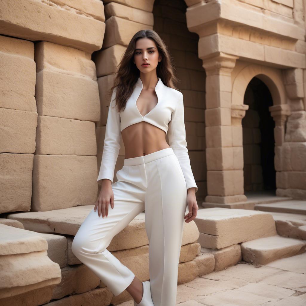 A stunning image of israeli beauty wearing a structured white ensemble set against ancient sandstone backdrops.