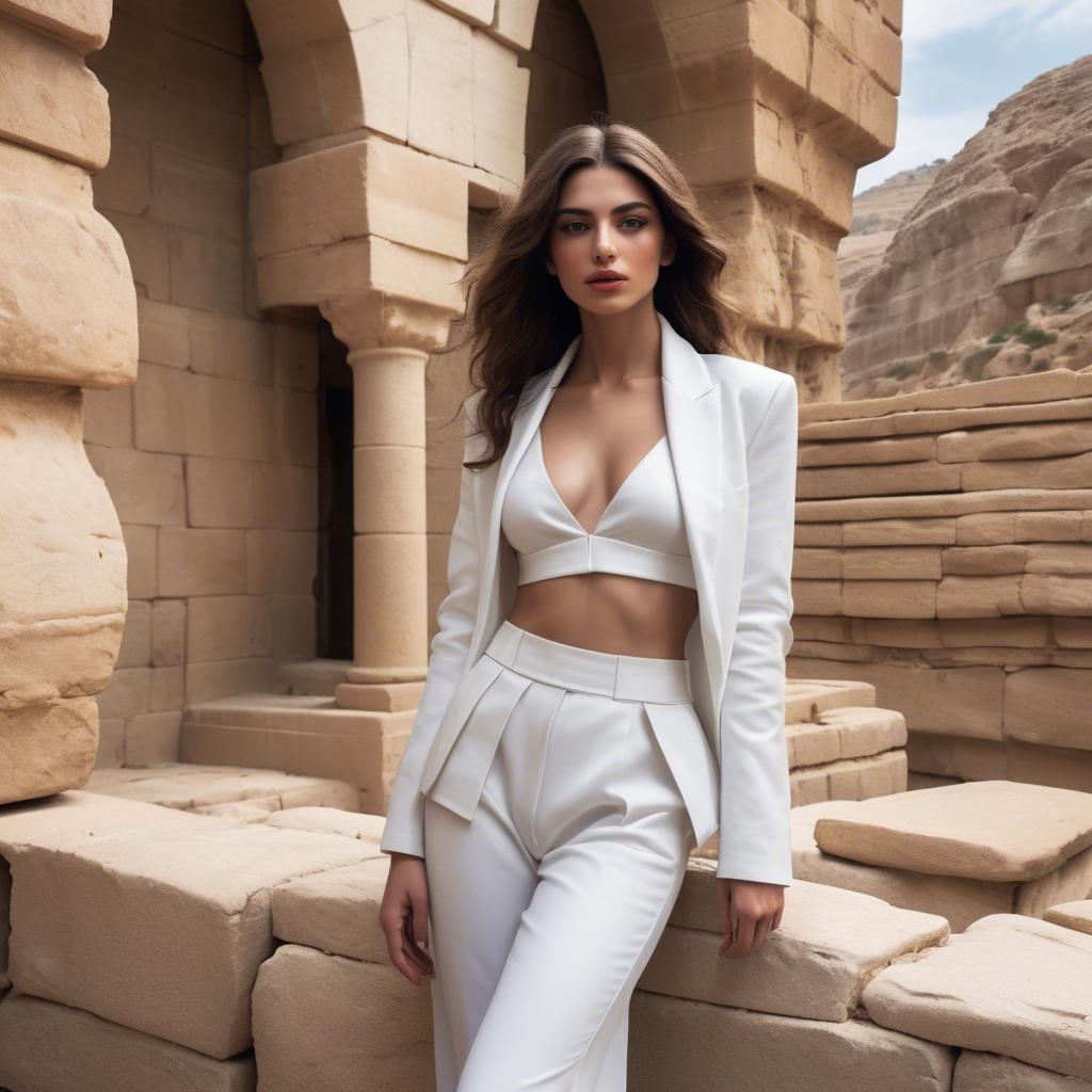 A stunning image of israeli beauty wearing a structured white ensemble set against ancient sandstone backdrops.