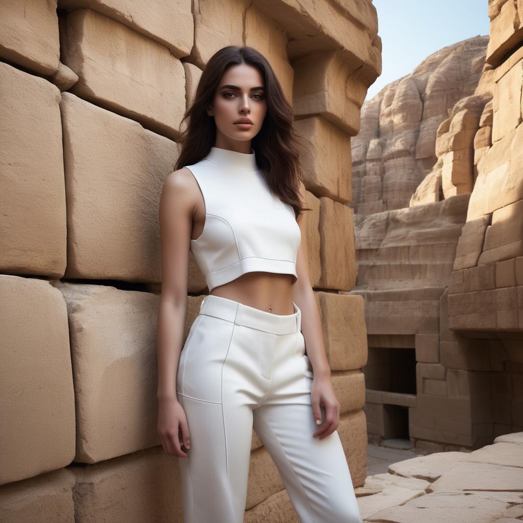 A stunning image of israeli beauty wearing a structured white ensemble set against ancient sandstone backdrops.