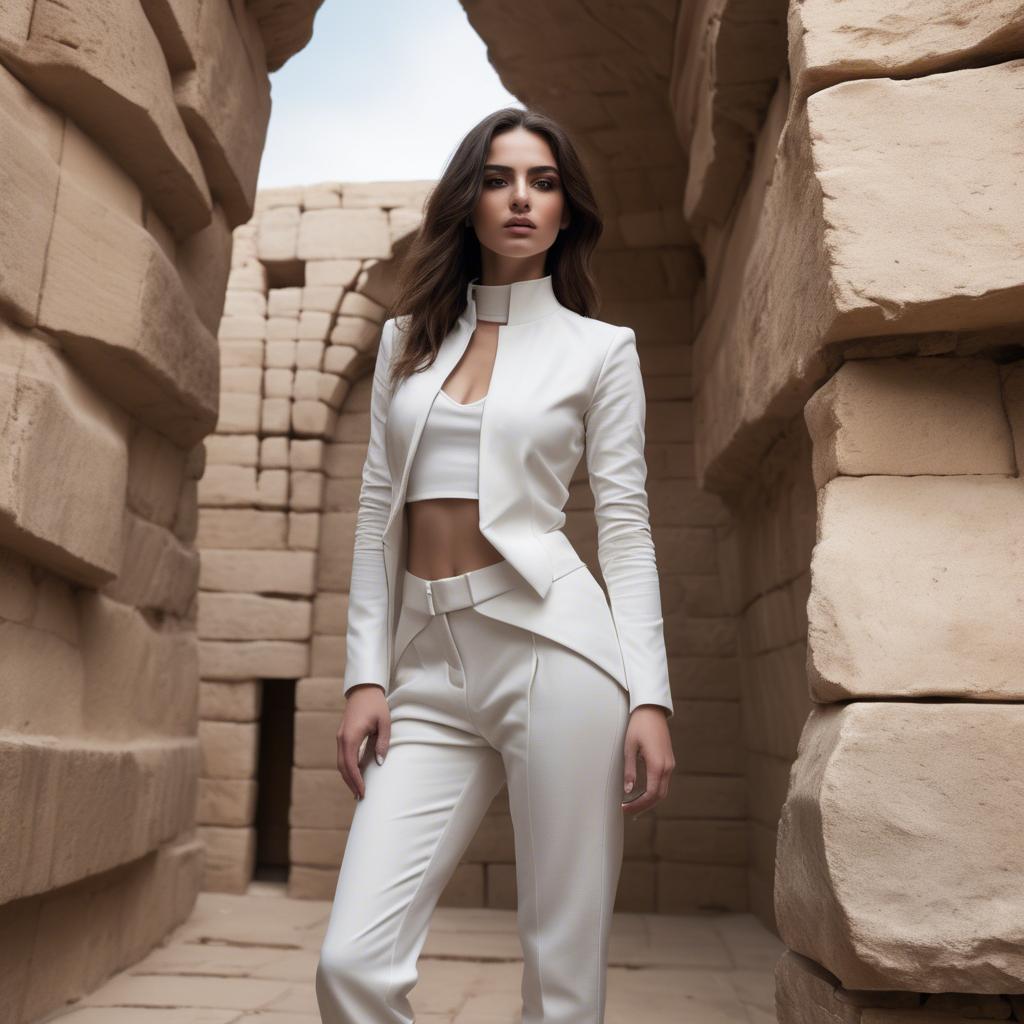 A stunning image of israeli beauty wearing a structured white ensemble set against ancient sandstone backdrops.
