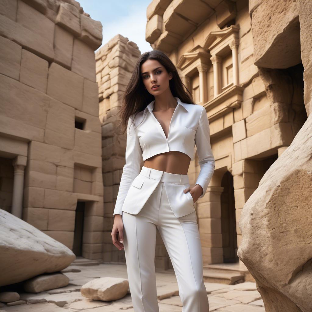 A stunning image of israeli beauty wearing a structured white ensemble set against ancient sandstone backdrops.