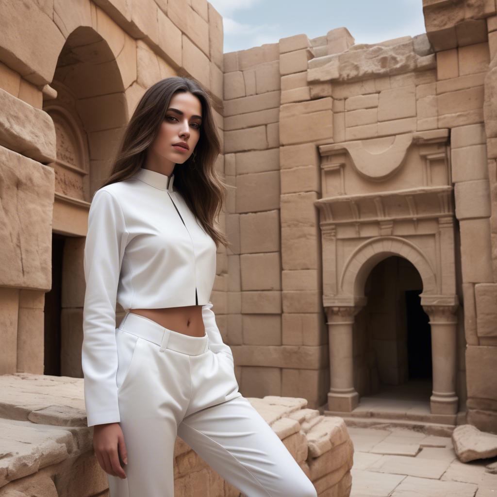 A stunning image of israeli beauty wearing a structured white ensemble set against ancient sandstone backdrops.