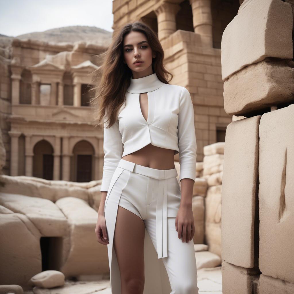 A stunning image of israeli beauty wearing a structured white ensemble set against ancient sandstone backdrops.