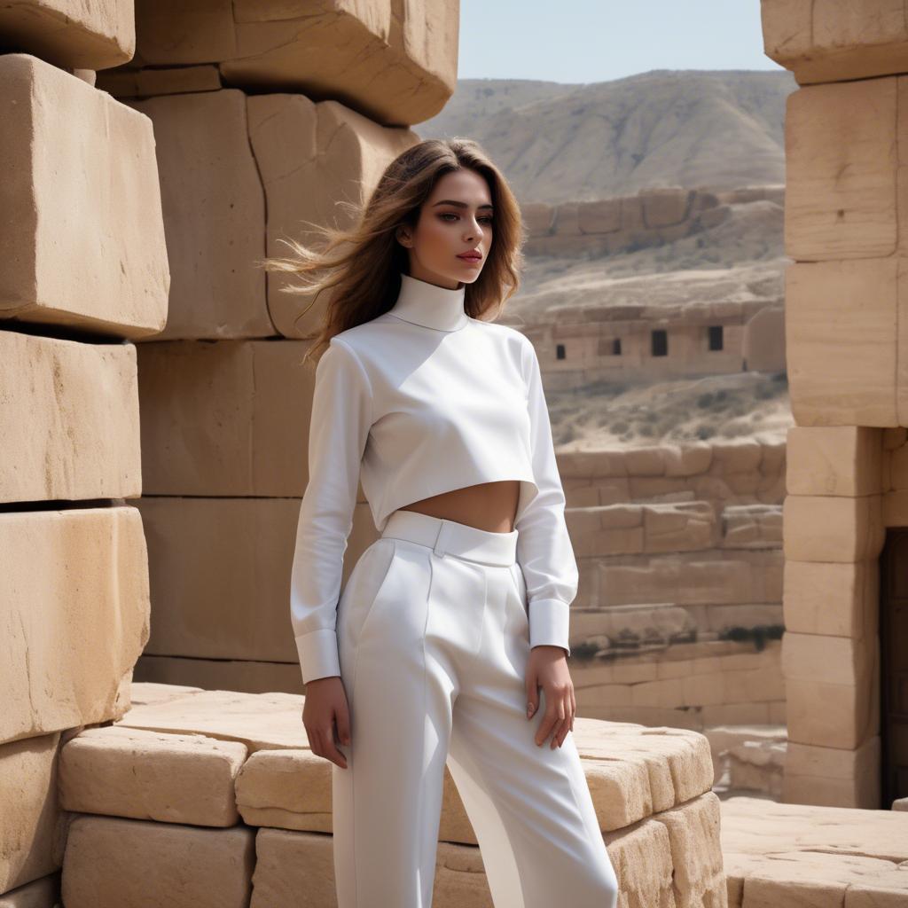 A stunning image of israeli beauty wearing a structured white ensemble set against ancient sandstone backdrops.