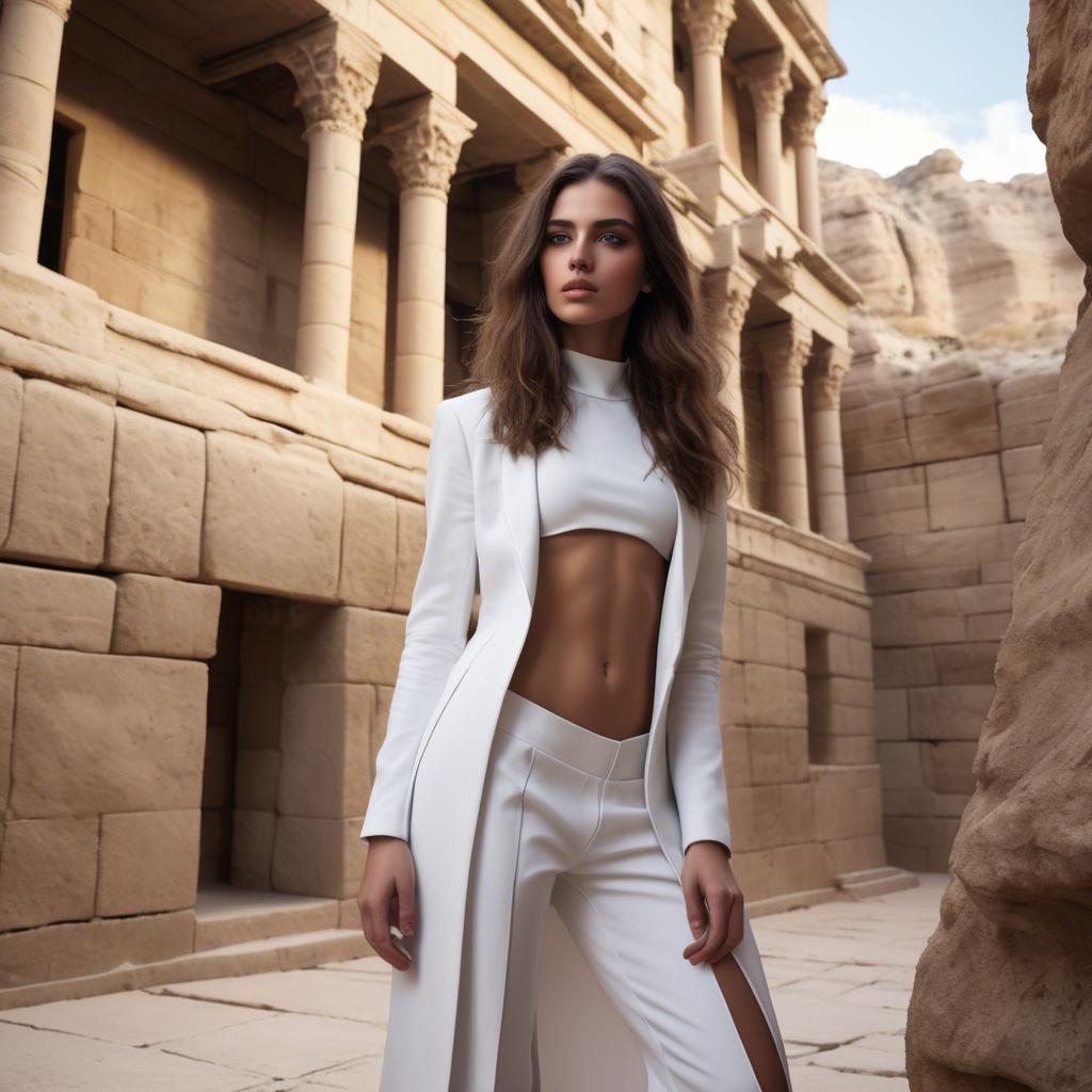 A stunning image of israeli beauty wearing a structured white ensemble set against ancient sandstone backdrops.