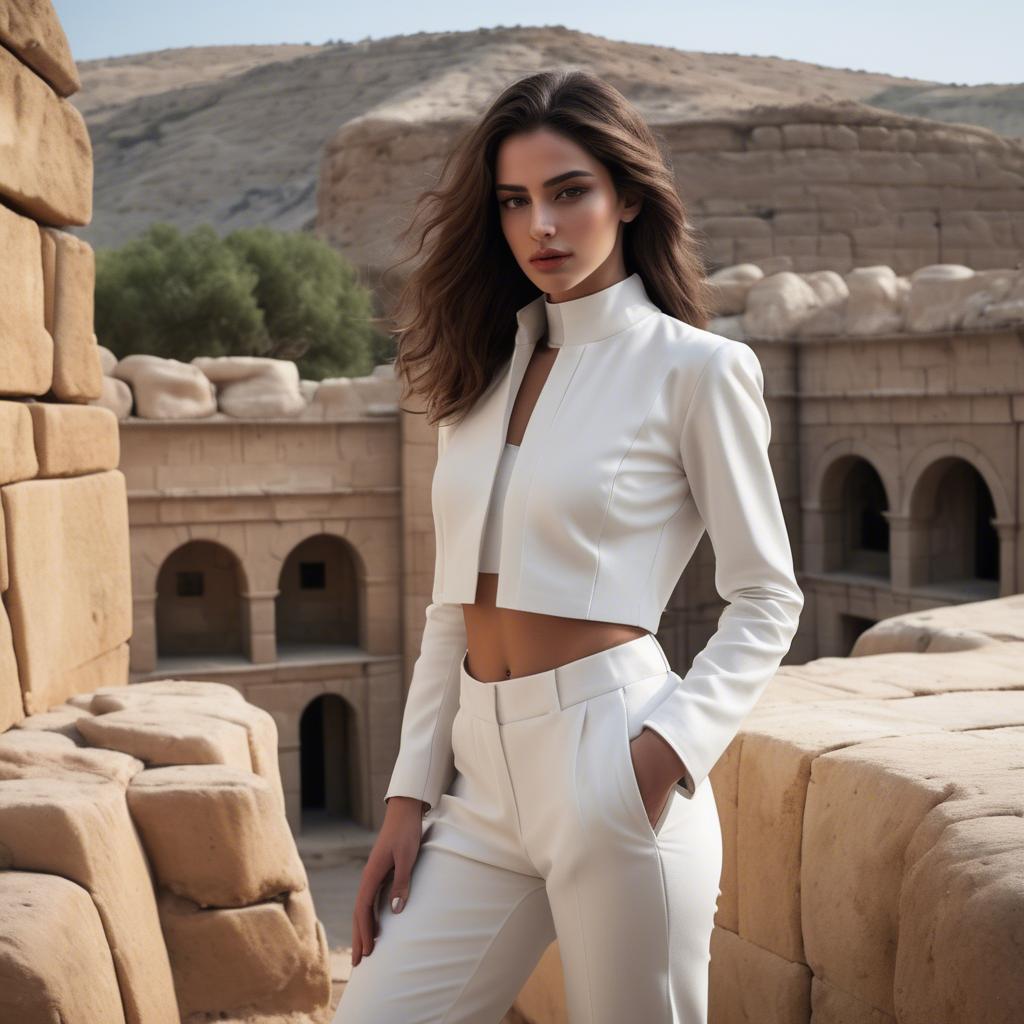 A stunning image of israeli beauty wearing a structured white ensemble set against ancient sandstone backdrops.