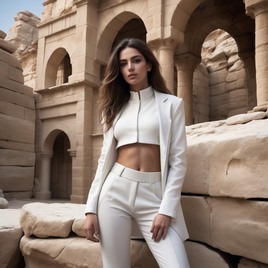 A stunning image of israeli beauty wearing a structured white ensemble set against ancient sandstone backdrops.
