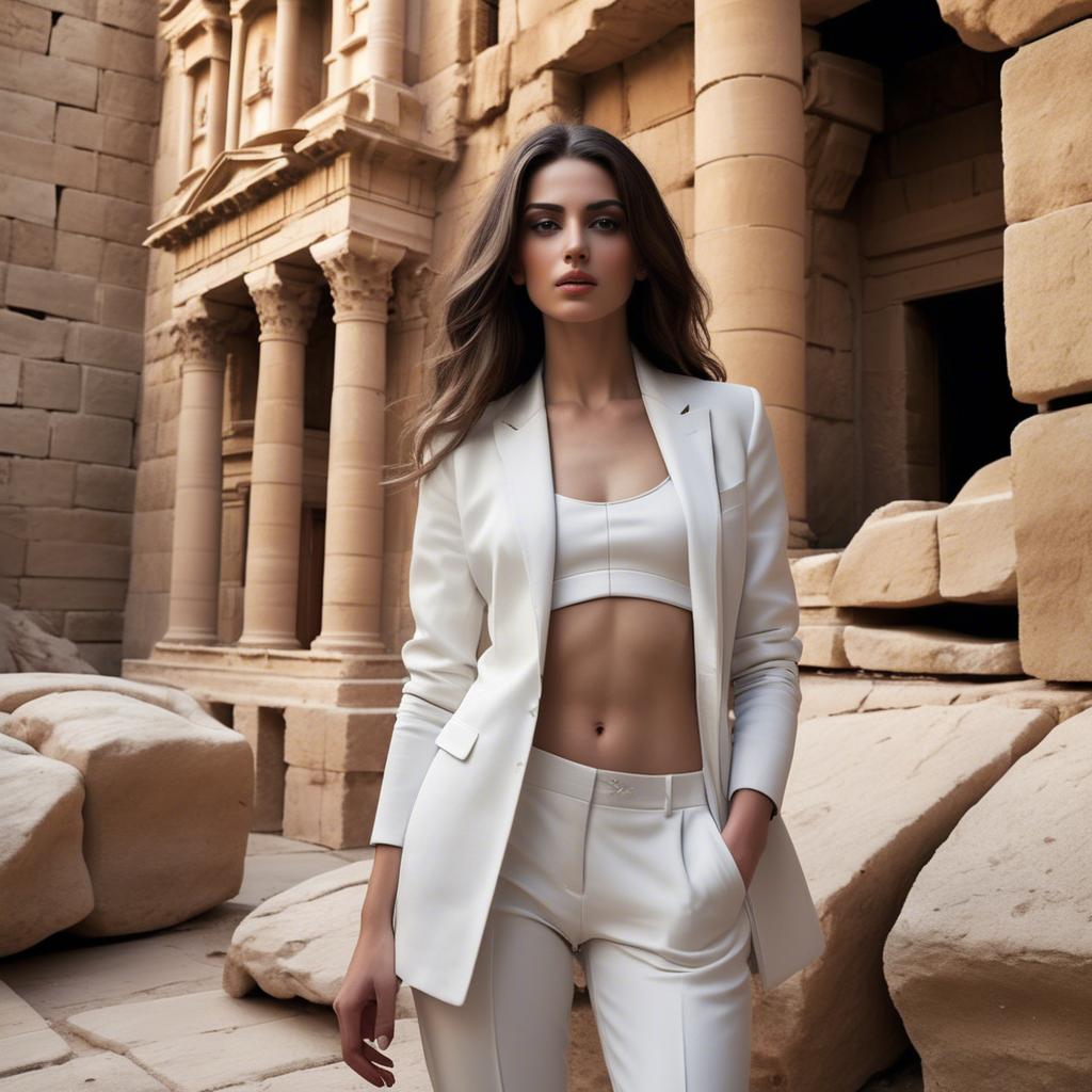 A stunning image of israeli beauty wearing a structured white ensemble set against ancient sandstone backdrops.