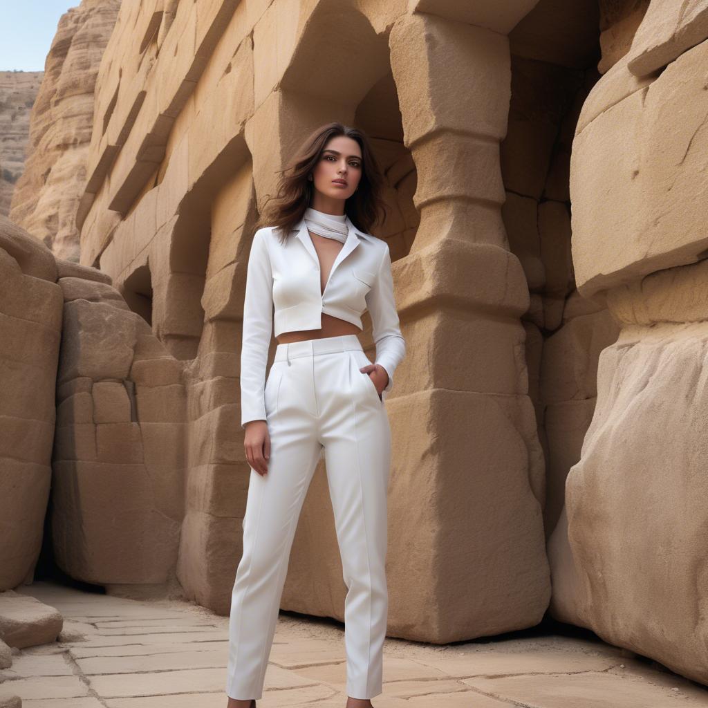 A stunning image of israeli beauty wearing a structured white ensemble set against ancient sandstone backdrops.