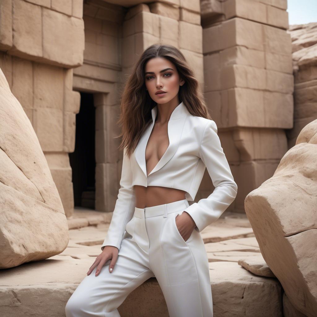 A stunning image of israeli beauty wearing a structured white ensemble set against ancient sandstone backdrops.