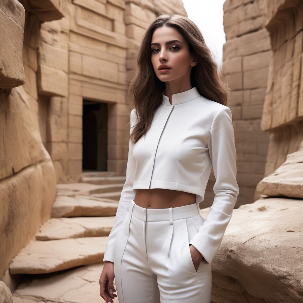 A stunning image of israeli beauty wearing a structured white ensemble set against ancient sandstone backdrops.