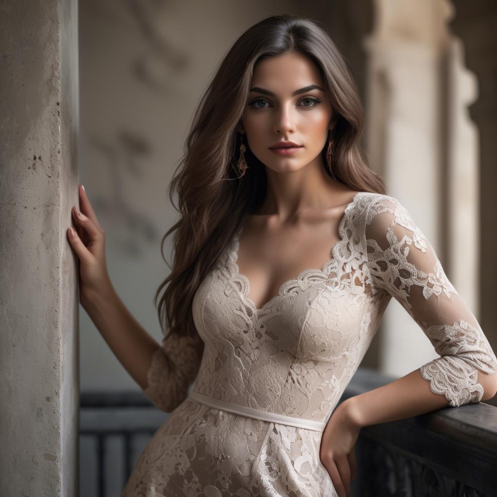 A stunning image of italian beauty in a luxurious lace dress.