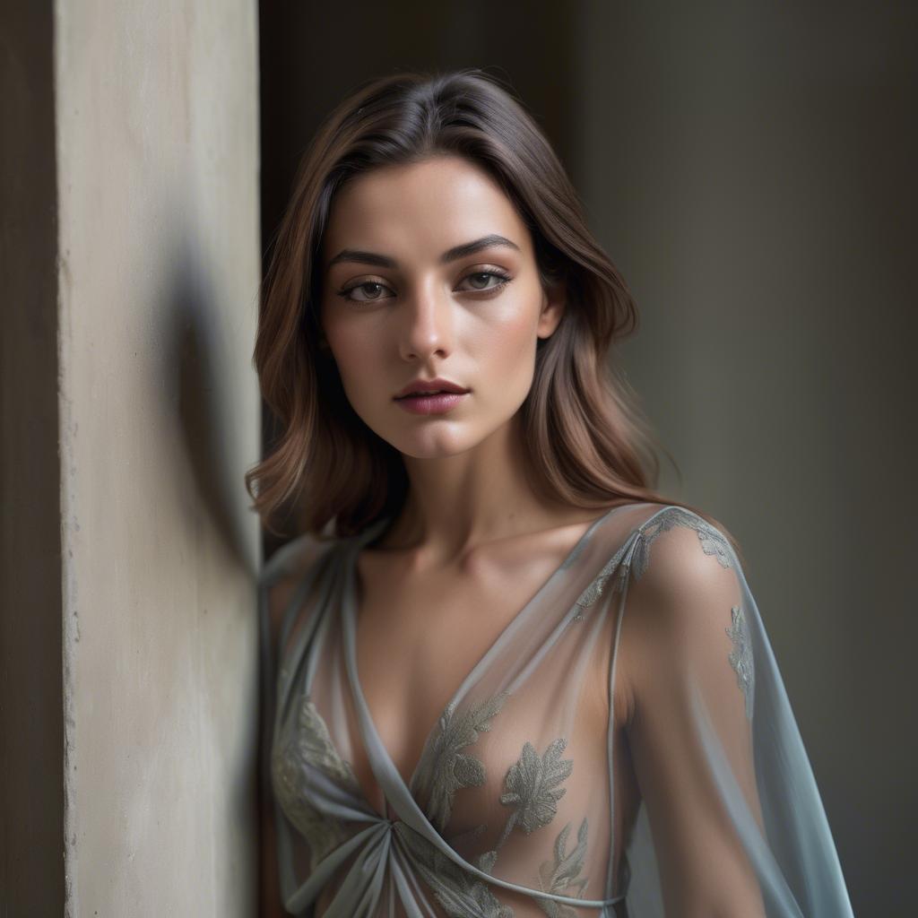 A stunning image of italian model in a sheer silk gown.