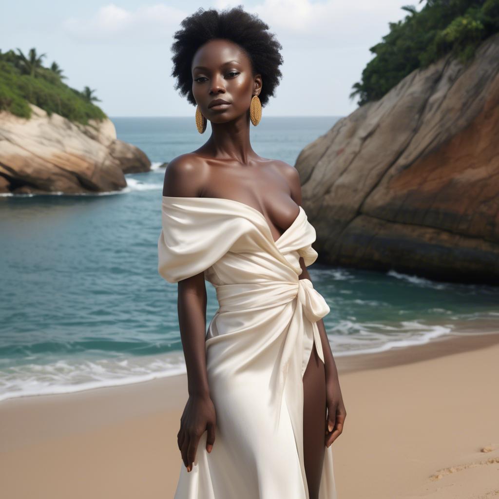 A stunning image of ivory coast muse in a silky off-shoulder wrap exuding gentle coastal romance.