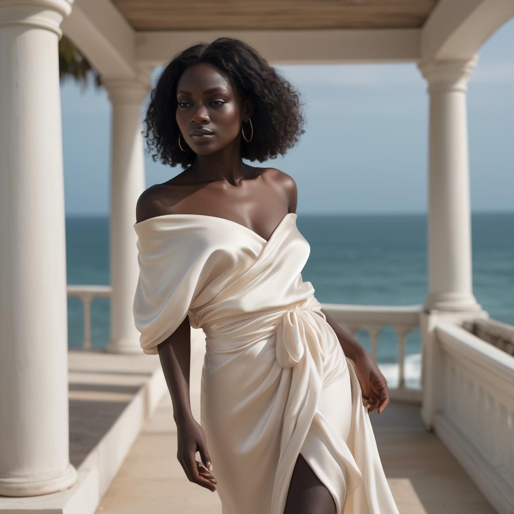 A stunning image of ivory coast muse in a silky off-shoulder wrap exuding gentle coastal romance.