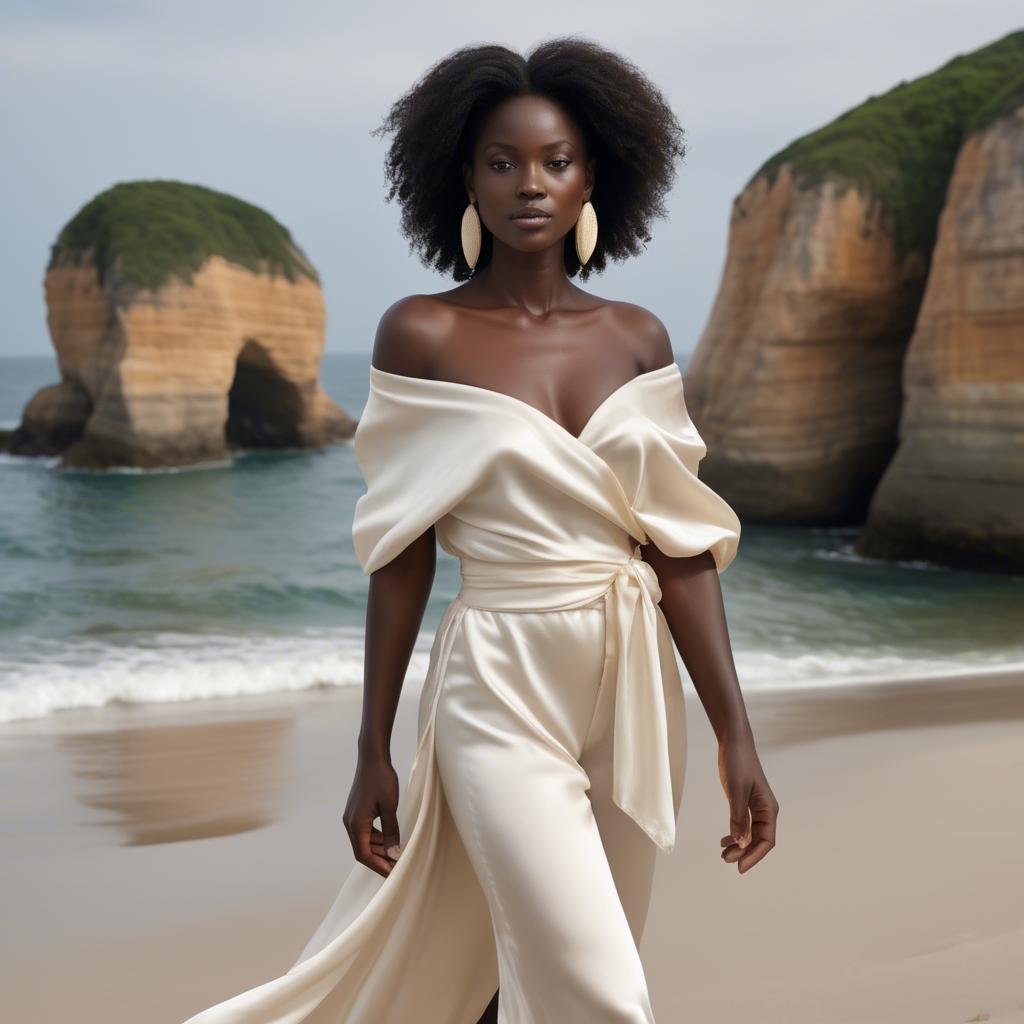 A stunning image of ivory coast muse in a silky off-shoulder wrap exuding gentle coastal romance.