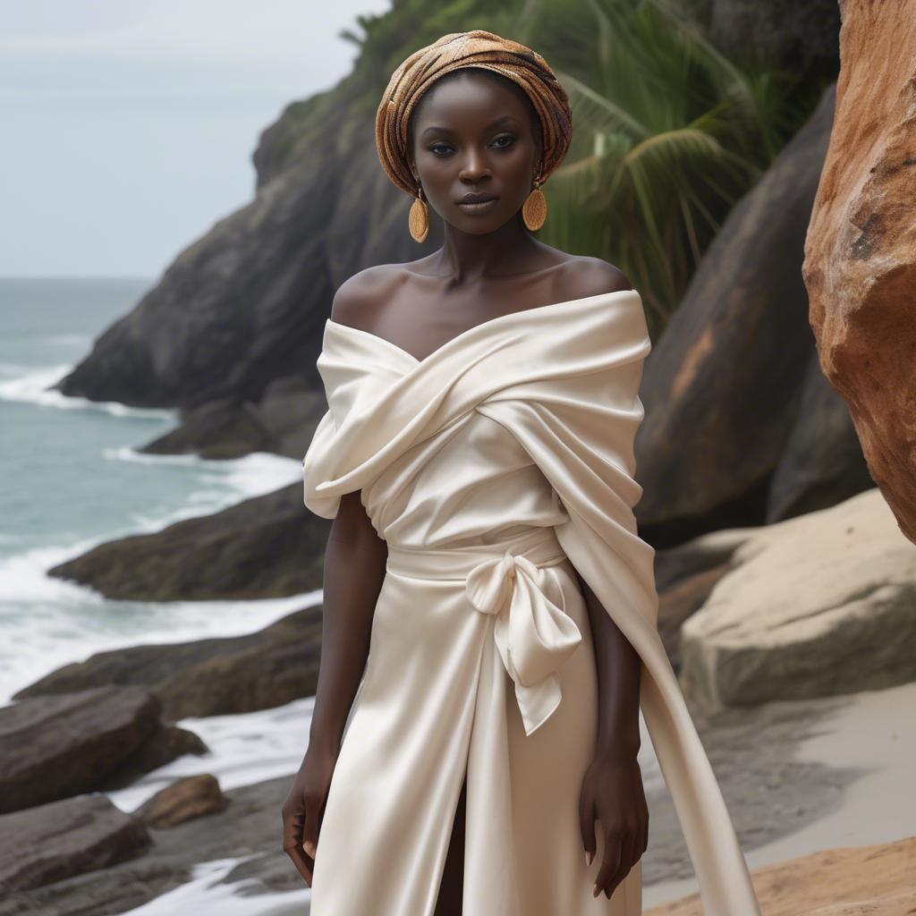 A stunning image of ivory coast muse in a silky off-shoulder wrap exuding gentle coastal romance.