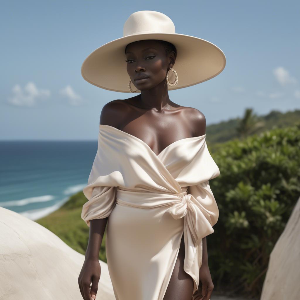 A stunning image of ivory coast muse in a silky off-shoulder wrap exuding gentle coastal romance.