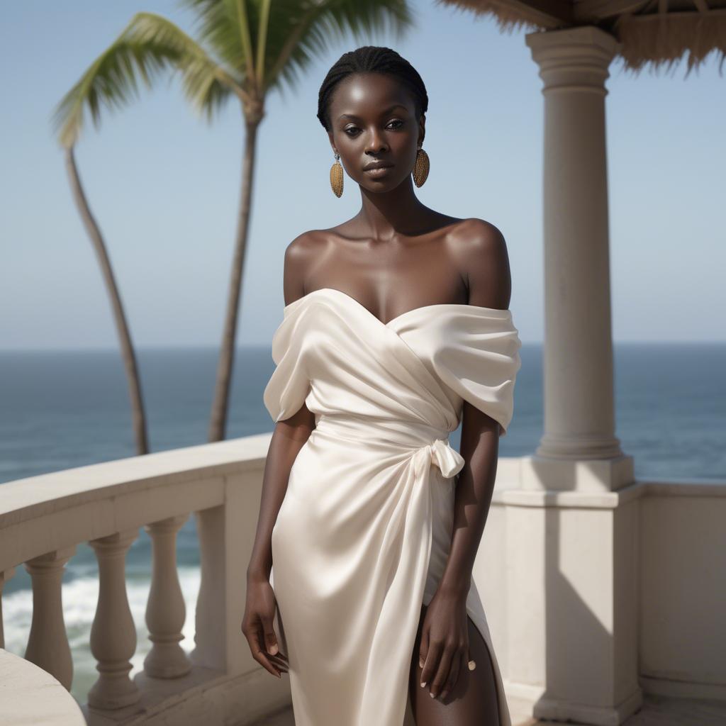 A stunning image of ivory coast muse in a silky off-shoulder wrap exuding gentle coastal romance.
