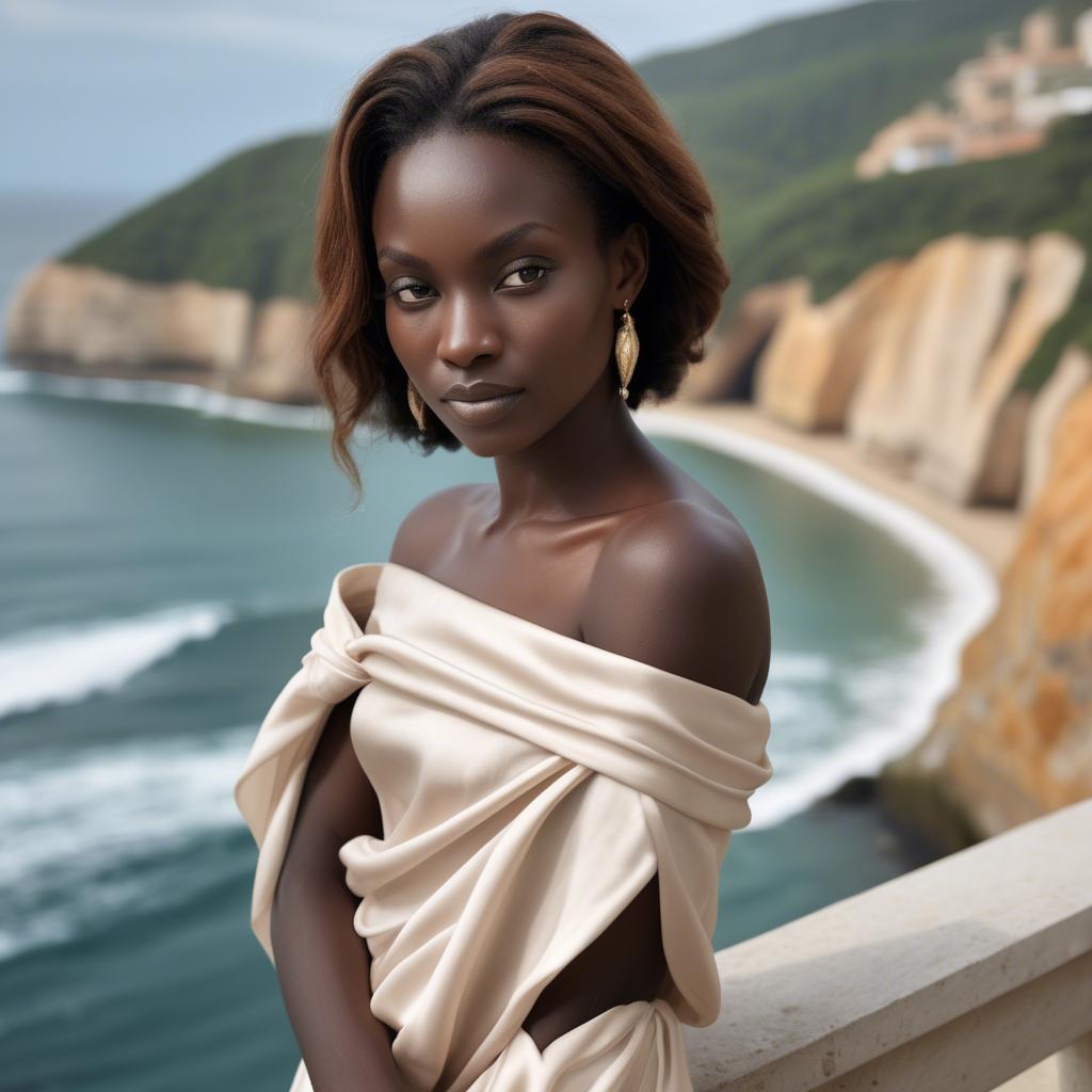 A stunning image of ivory coast muse in a silky off-shoulder wrap exuding gentle coastal romance.