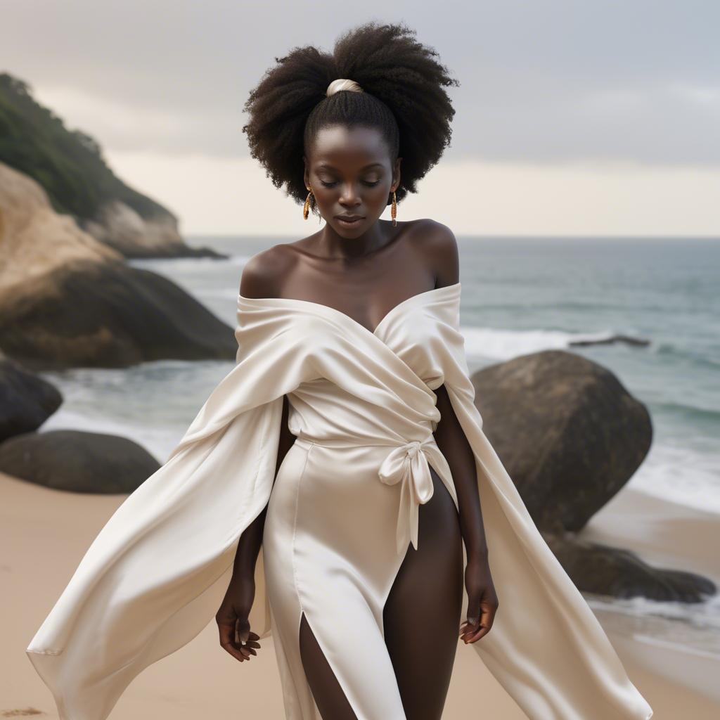 A stunning image of ivory coast muse in a silky off-shoulder wrap exuding gentle coastal romance.