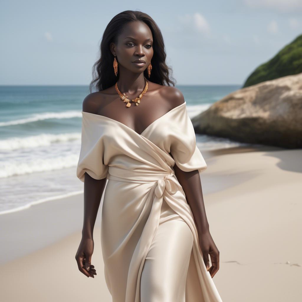 A stunning image of ivory coast muse in a silky off-shoulder wrap exuding gentle coastal romance.
