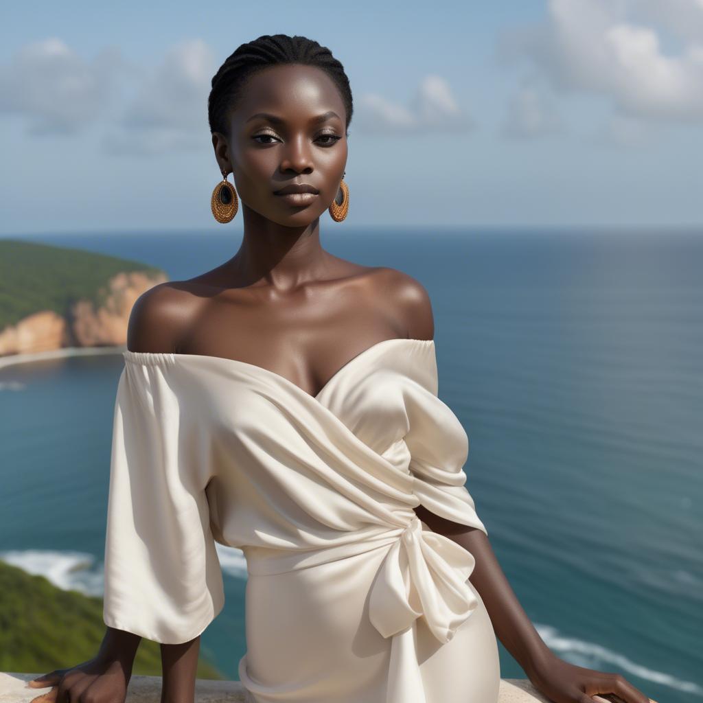 A stunning image of ivory coast muse in a silky off-shoulder wrap exuding gentle coastal romance.