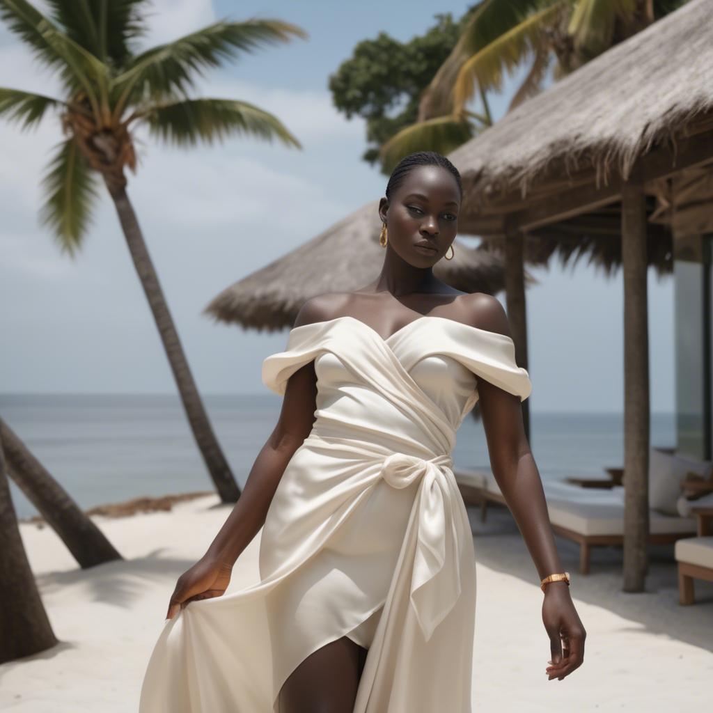 A stunning image of ivory coast muse in a silky off-shoulder wrap exuding gentle coastal romance.